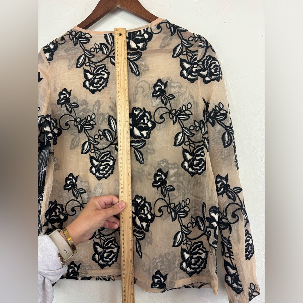 GOLDIE Women's Black Floral Flower Embroidery Sheer Blouse Cream Office Feminine - Picture 16 of 16